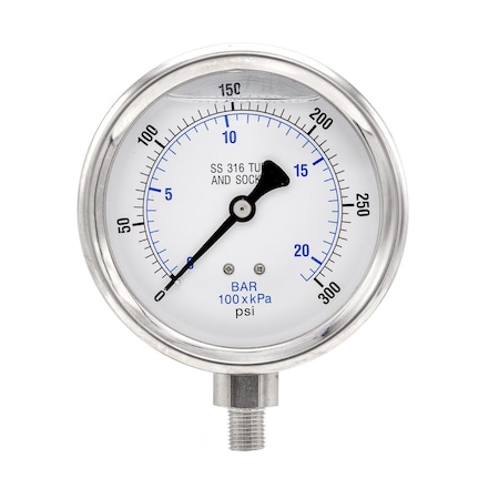Pic Gauges 4 in Dial, 1/4 in NPT Male Lower Location, Stainless Steel Case Material PRO-301L-404H-01